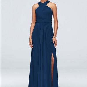 David’s Bridal Crisscross High-Neck Mesh Bridesmaid Dress in Marine, Size 8